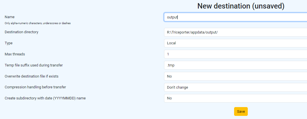 TricePorter destination settings screen