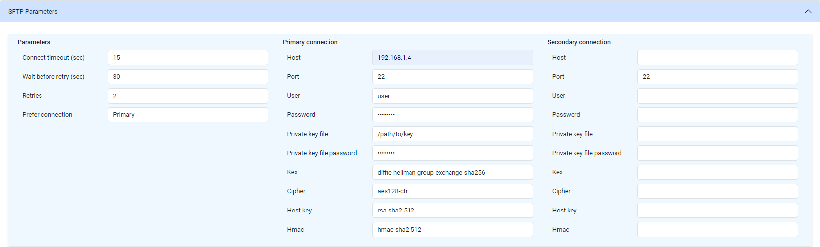 TricePorter SFTP parameters screen