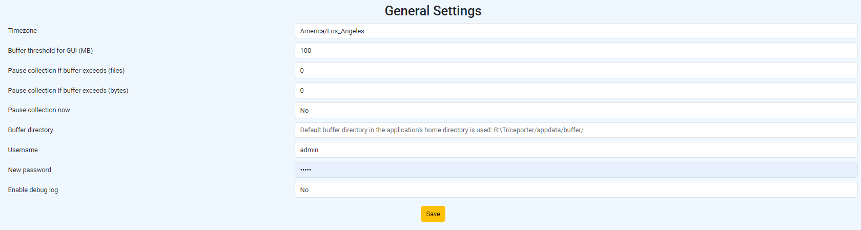 TricePorter general settings screen